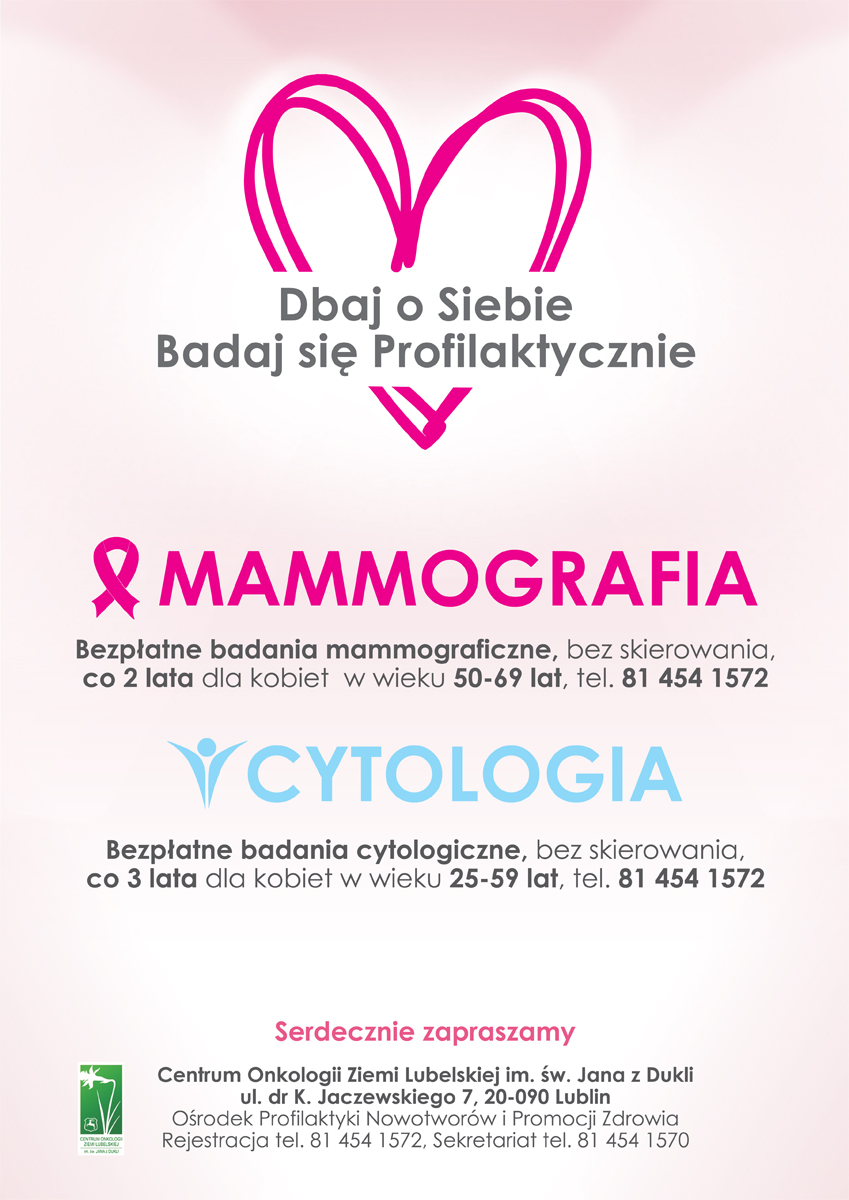 Plakat informacyjny badania profilaktyczne mammografia i cytologia 